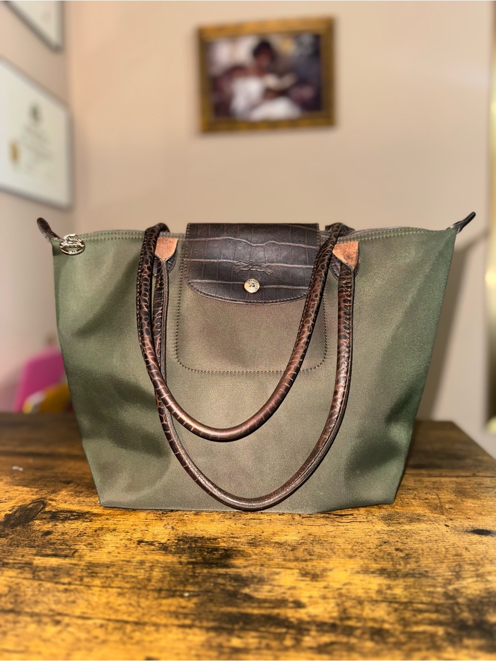 Longchamp Olive Green Tote w/ Brown Crocodile Trim
